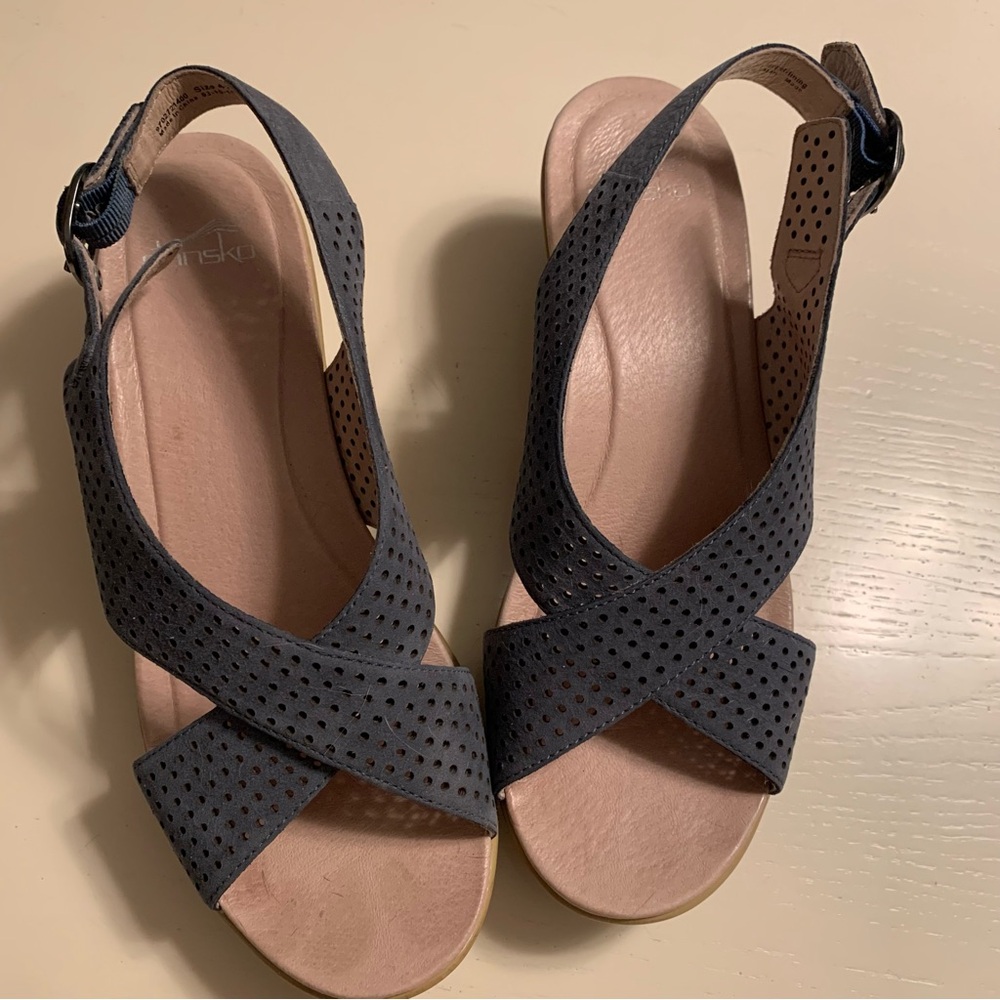 Dansko Blue Wedge Sandals with Cross-Strap Design